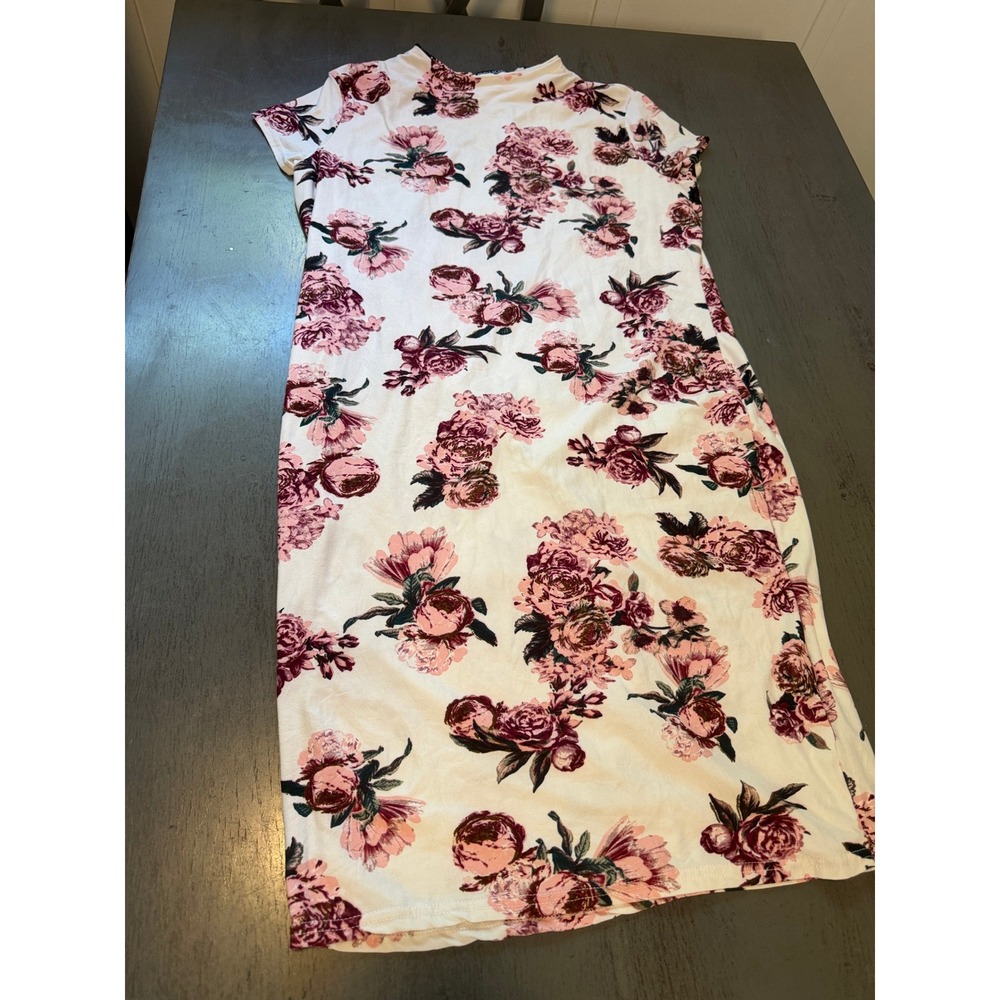 Rouge Collection Floral Mock Neck T-Shirt Dress Pink White Rose Plus Size 2X